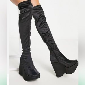 Black silk tall platform over the knee boots